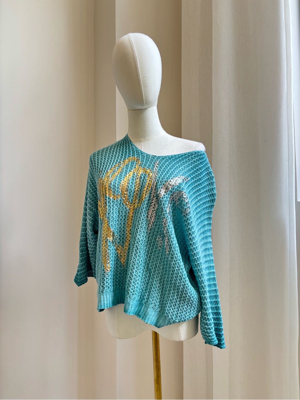 Light Teal Women's Open-Knit Sweater With Gold Accent